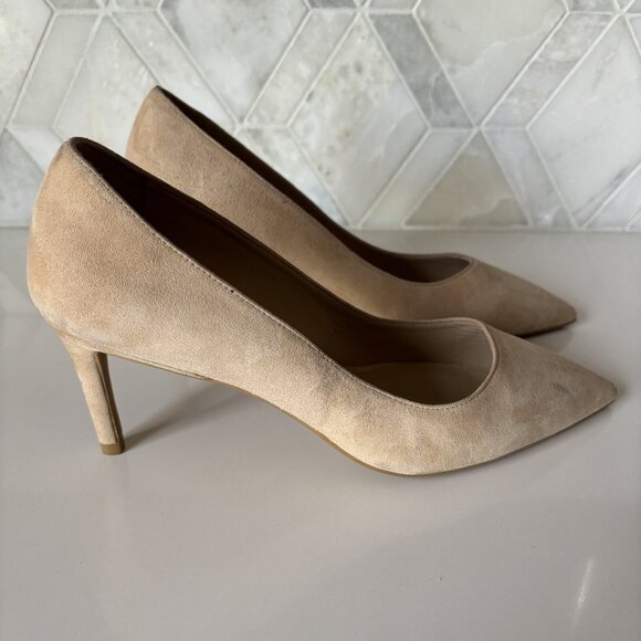 Stuart Weitzman Size 6 Tan Suede Heel Pointed Toe Rubber Sole 75mm Heel 3 Inch - Picture 4 of 6